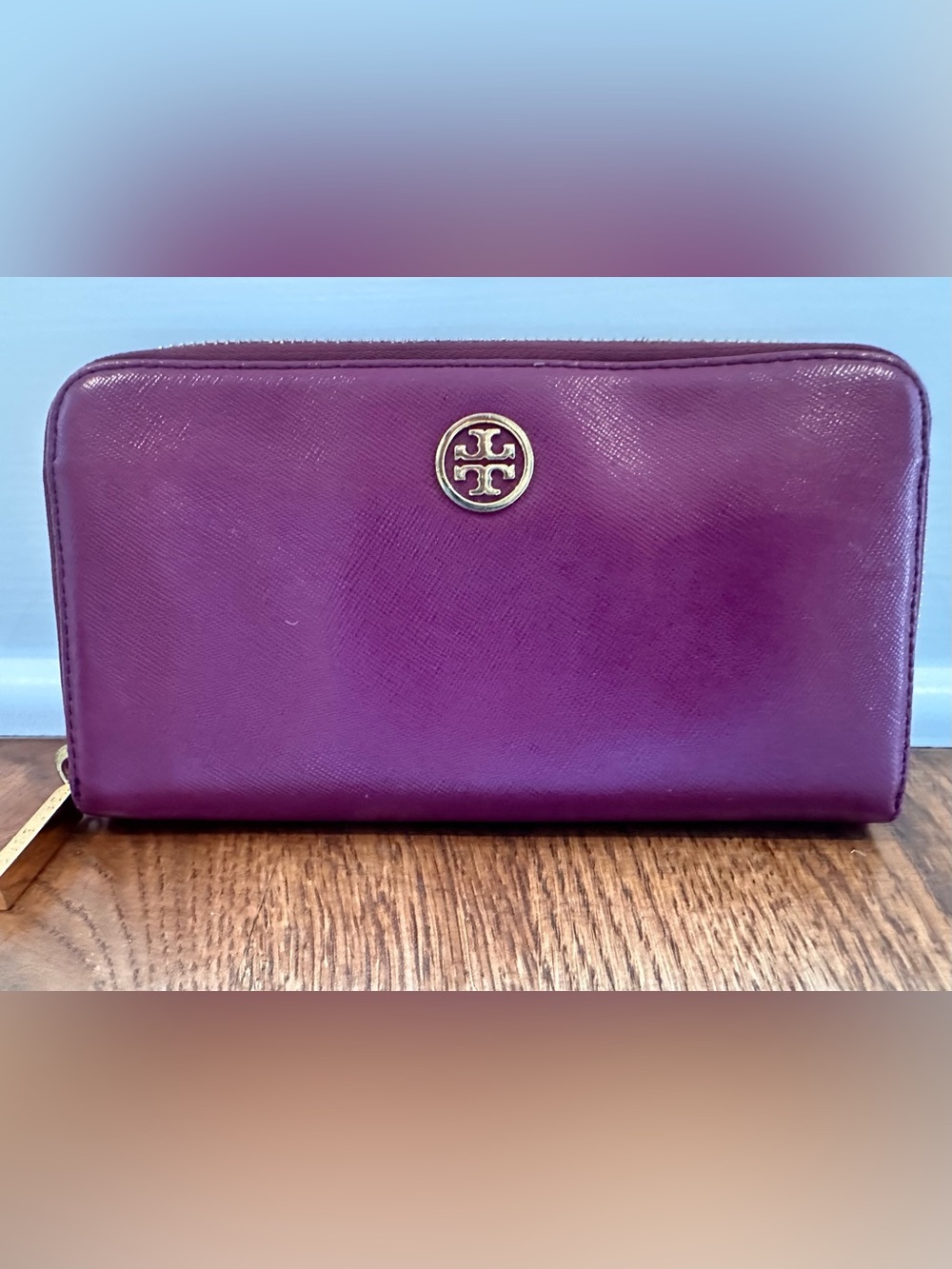 Tory Burch Plum Leather Zip Wallet with Gold Logo